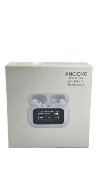 A9 Pro Touch Screen AirPods Pro are ANC wireless earbuds featuring an LCD display, Bluetooth 5.0, pop-up functionality, and super bass.